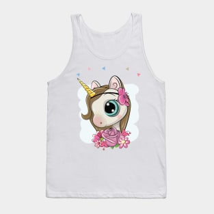 Cute little unicorn girl with big eyes and flowers on blue background Tank Top